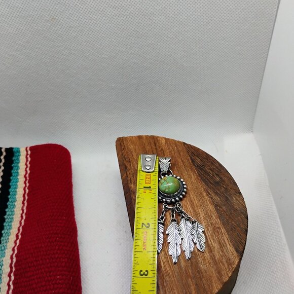 Southwest Green Turquoise Sterling Silver Feather Dangle Pendant Statement - Picture 5 of 9